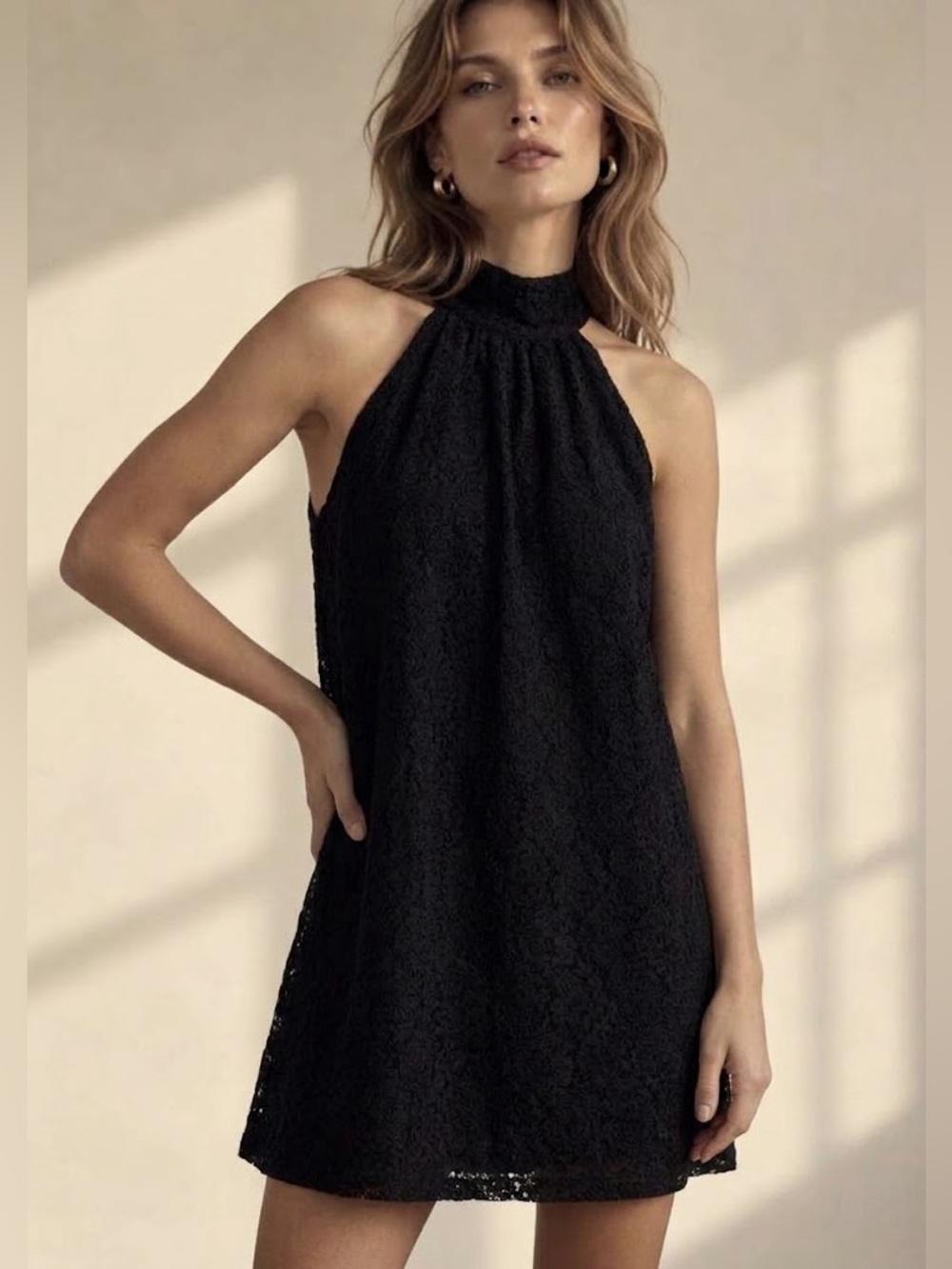 Grace & Mila Black Halter Lace Mini Dress Shell 70% cotton lining 100% viscose